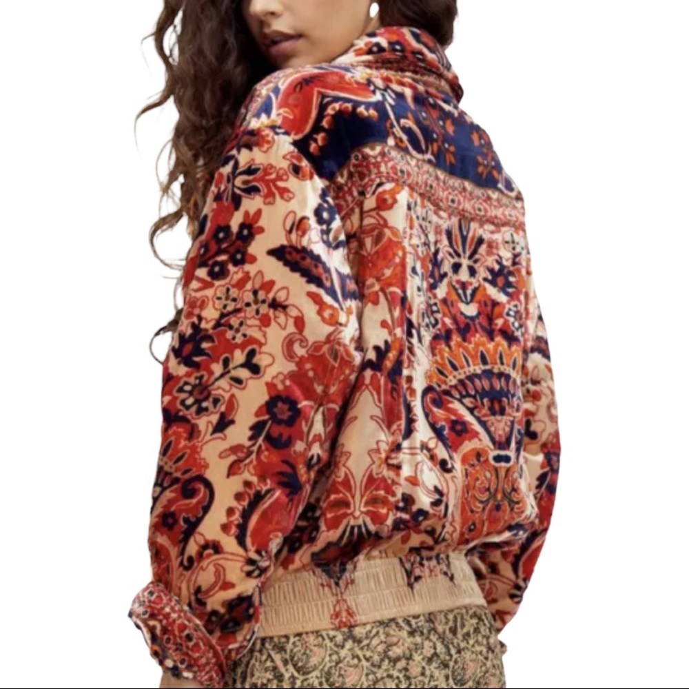Free People Bailey Velvet Moto Sm Blue Red Floral Jacket Coat - Picture 4 of 7